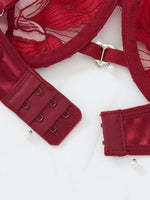 wine-red floral embroidery lingerie. French-style luxury sheer net satin bra for dates, newlyweds, and sexy duvet set. ZA824031