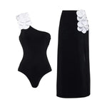 Vintage White Black Patchwork One Piece Swimsuit Long Skirt Set Women Sexy 3D Flower Bandeau Push Up Slim Holiday Swimwear 2025