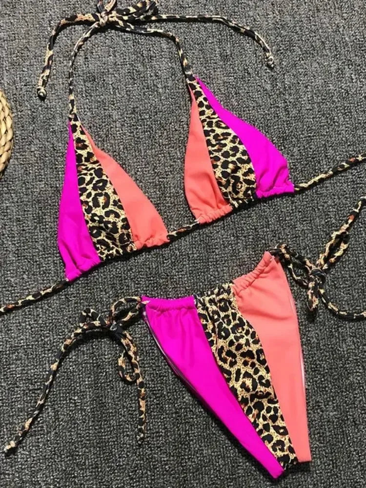 Splicing Leopard Mini Micro String Bikini Women Swimwear Female Swimsuit Two Pieces Bikini Set Halter Bather Bathing Suit Swim