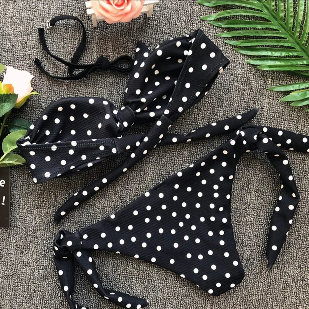 Ribbed Knotted Polka Dot Bikini 2025 Women Strapless Bandeau Swimsuit Female Swimwear Two Pieces Bikini Set Bathing Suit Swim