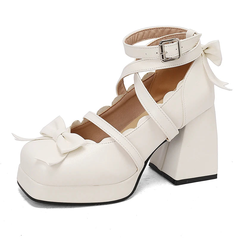 Big Size 48 Sweet Purple Mary Janes Pumps Lovely Pink Lolita 9cm Block High Heels Shoes Women Cute White Bow Knot Platform Shoes