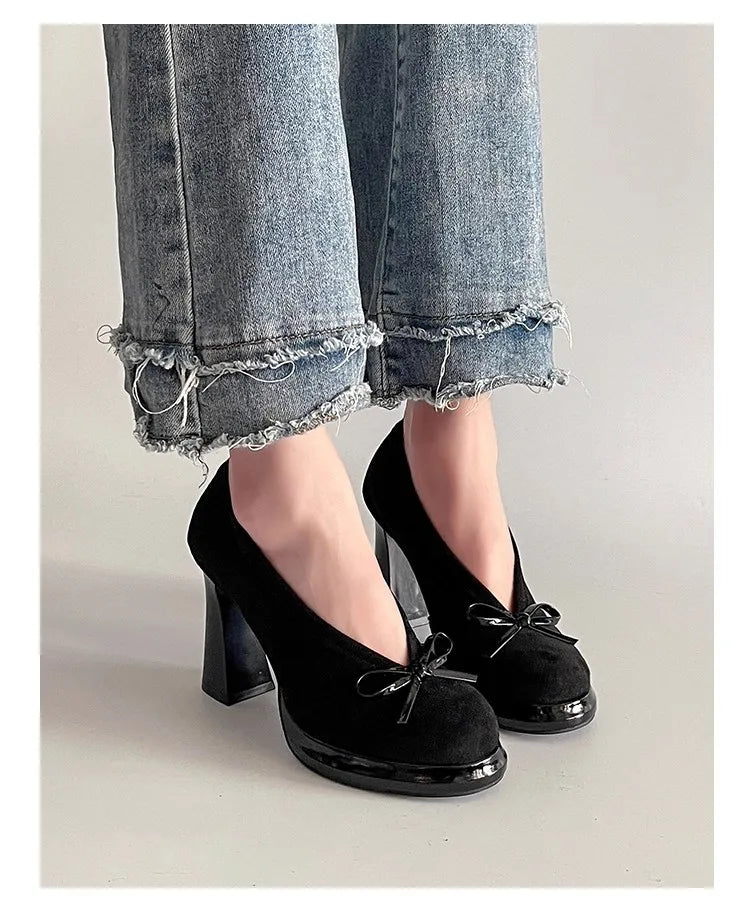 Spring Autumn Platform Mary Jane Shoes Women Thick High Heels Shoes Vintage Slip on Butterfly-knot Pumps 2026 New