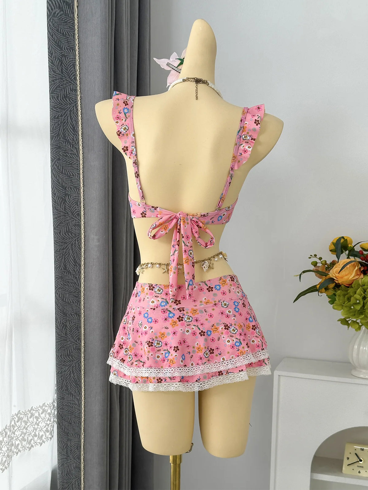 Sexy Navy Floral Print Bikinis Sets Women Front Tie Push Up Bra Holiday Swimsuit 2026 Bathing Suit Lace Ruffles Skirt Swimwear