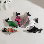 NASBAVI New Breathable Hollow Slippers Stone Pattern Leather Pumps Women Chunky Heels Mules Black Dress Shoes Big Size 45 46 47
