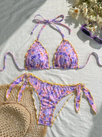 Cute Orange Floral Print Bikini Set Women Halter Ruffles Push Up Tie Side Thong Swimsuit 2026 Summer Bathing Suit Micro Swimwear