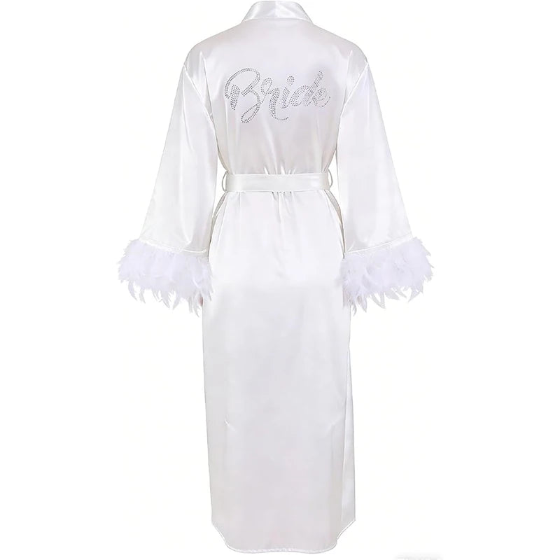 Bride Robe with Feather for Wedding Day Bridal Satin Robe Sexy Silk Bride Bathrobe for Women Bachelorette Wedding Party Getting