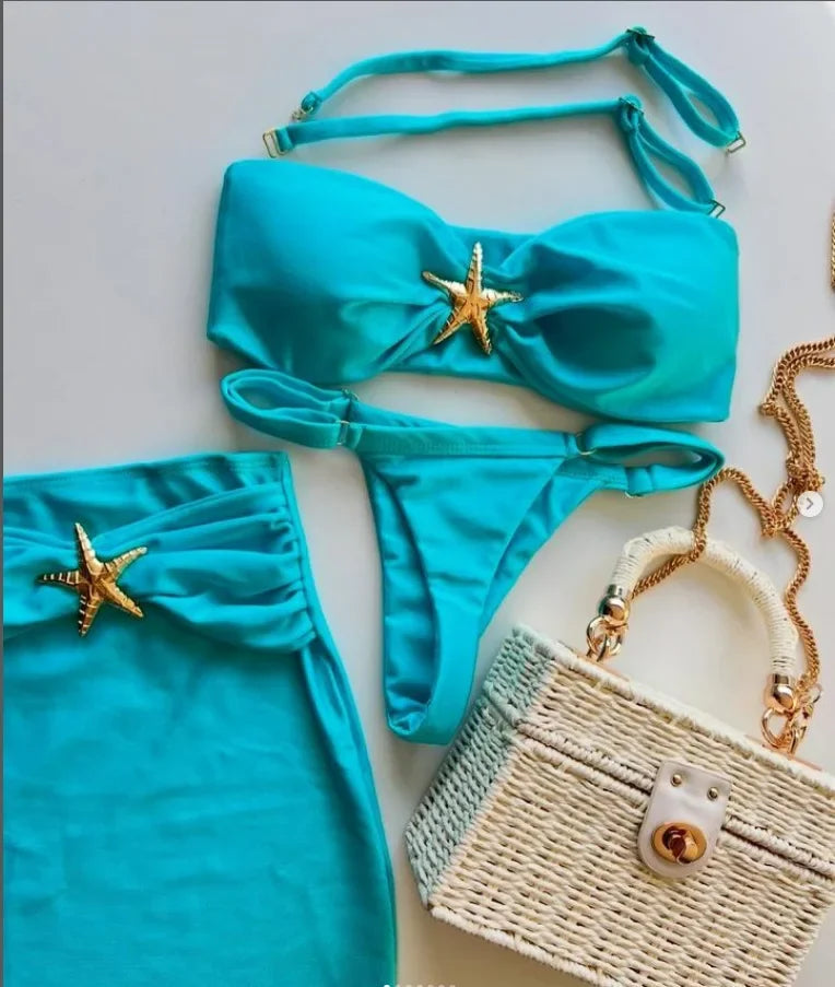 2026 New 3 Pieces Bandeau Bikini Swimsuit with Skirt Women Swimwear Female Sexy Thong Bikinis Beach Wear Swim Bathing Suit Pool