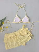Women Yellow Flower Bikini Sets Three Pieces with Ruffles Mini Skirt Halter String Swimsuit Bathing Suit Beach Outfits Biquini