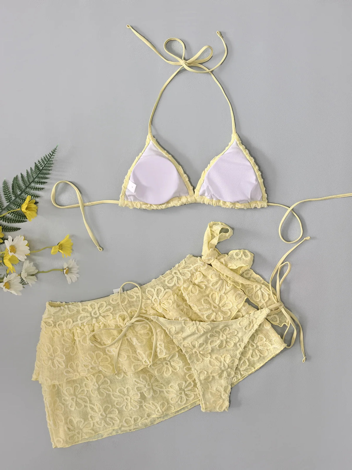 Women Yellow Flower Bikini Sets Three Pieces with Ruffles Mini Skirt Halter String Swimsuit Bathing Suit Beach Outfits Biquini