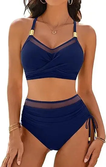 Sexy Fashionable Mesh Splice Drawstring Ladies Bikini Set Swimsuit New High Waist Trending Swimsuit Beach Bathing Suit