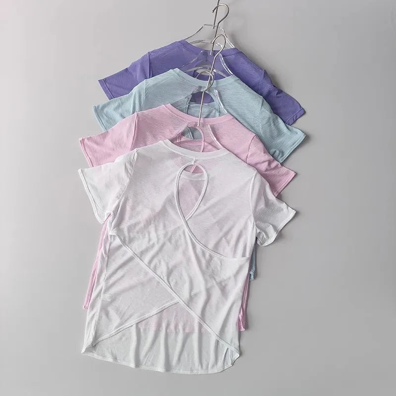 Women's Quick Drying Hollow out Back Sports T-Shirt Yoga Suit Top Short Sleeve Fitness Cover up