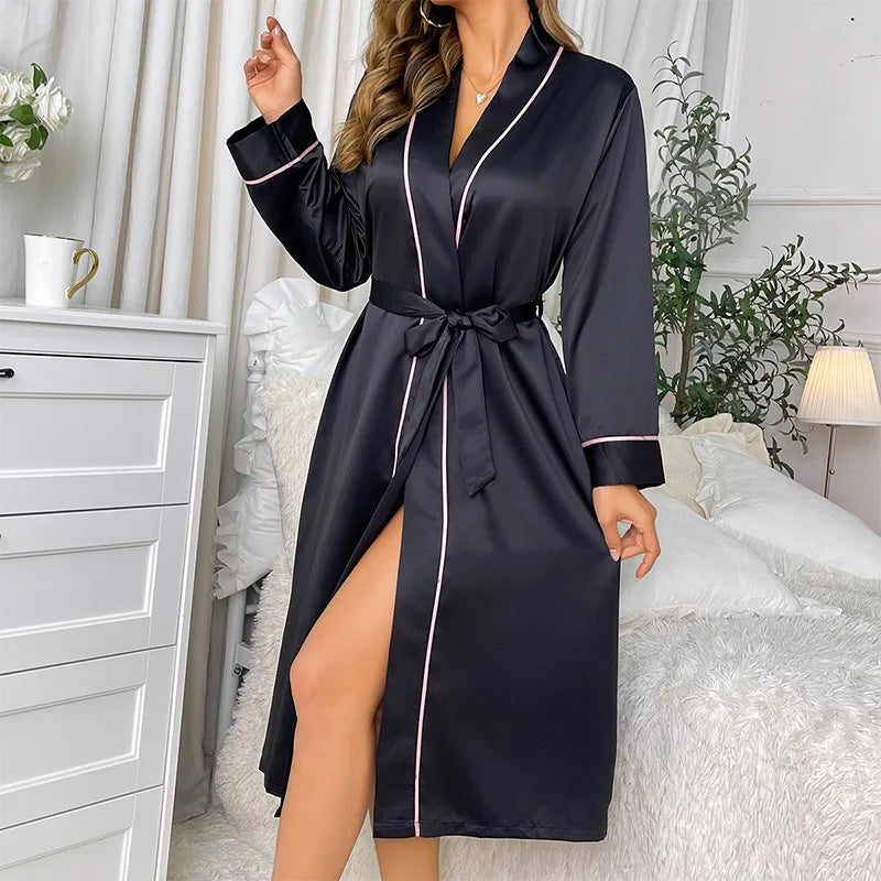 Summer Thin Long Length Ice Silk Robe Women's Fashion Minimalist Sexy Cardigan Bathrobe Manufacturer Stock Loungewear