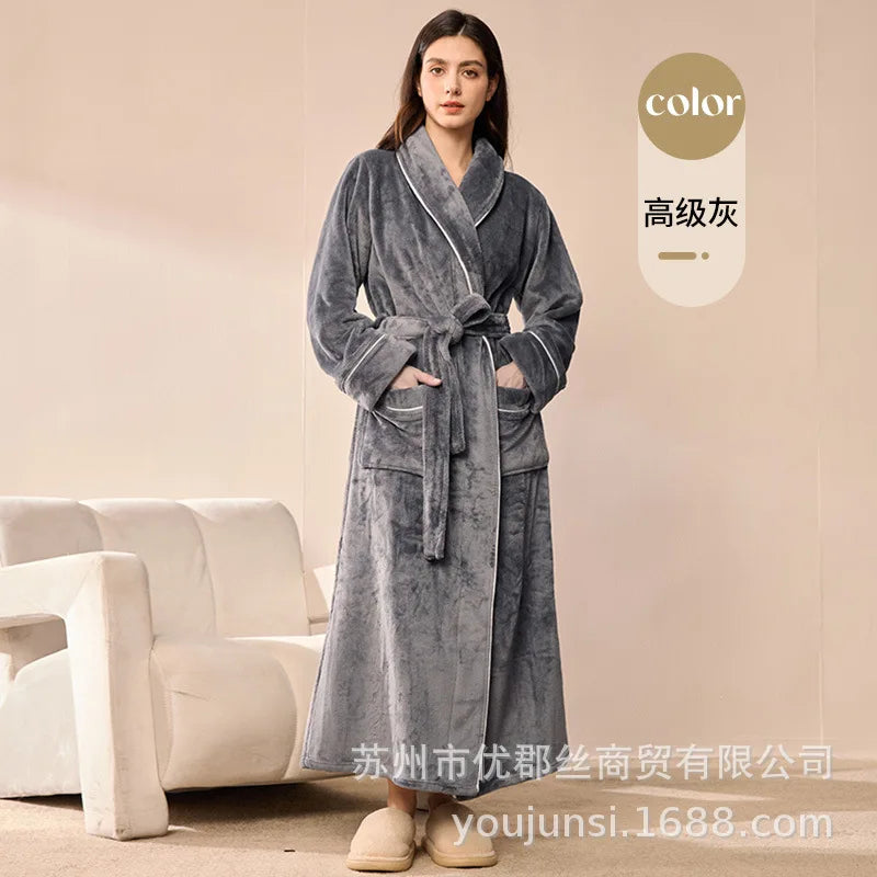 Long Flannel Robe for Men Women Warm Home Pajamas Loungewear 2026 Autumn Winter New Thick Coral Fleece Couple Bathrobe