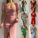 Fashion Bandage Bodycon Dresses For Women Puff Short Sleeves Sexy Low Cut Slim A-line Dress Elegant Ladies Vestidos 2023 Summer