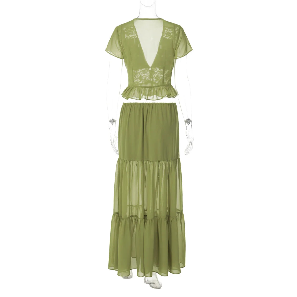 FDYOUI Sexy V-neck Lace Patchwork T-shirt Tops+Long Skirt 2 Piece Set Women's Summer Green Holiday Party Dress Suit Streetwear