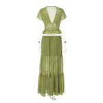 FDYOUI Sexy V-neck Lace Patchwork T-shirt Tops+Long Skirt 2 Piece Set Women's Summer Green Holiday Party Dress Suit Streetwear