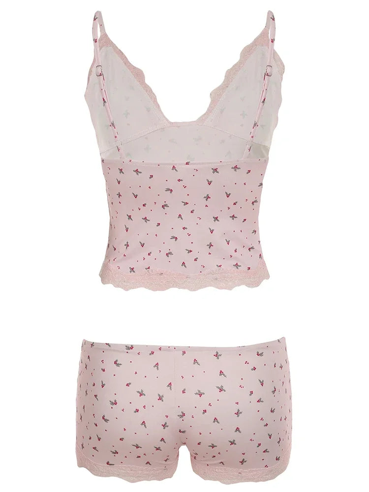 Summer Two-piece Pajamas Set for Women SleepwearFloral Lace Pink Sleeveless Camisoles and Slim Shorts Loungewear