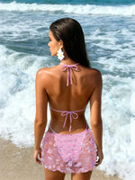 Sexy Shiny Sequin Blue White Bikini Set Women 3D Mesh Flower Cover Up 3 Piece Thong Swimsuit Beach Holiday Bathing Suit Swimwear