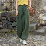 Solid Color Harem Trousers Women Casual Pants Elastic Waist Adjustable Drawstring Solid Color Wide Leg Trousers