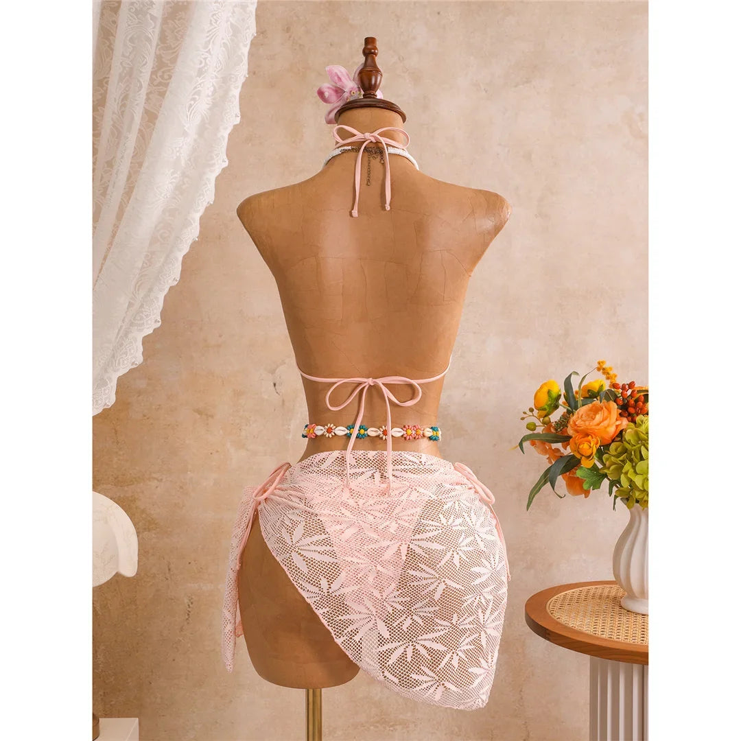 New Leaves Printed Halter Bikini Suit Female Swimsuit Women Swimwear Bather Bathing Suit Swim Three-Pieces Bikini Set