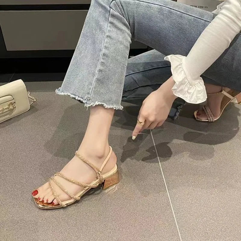 Fairy Style Rhinestone Thick Heel Sandals Women's Summer Versatile Square Head Skirt One Strap Two Wear Slip-On Shoes