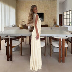 FDYOUI Womens Chic V-neck Sleeveless Pleated Long Maxi Holiday Dress Ladies Summer High Waist Tunics Solid Evening Party Dresses