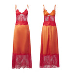 2026 Summer Women's Lace Patchwork Satin Dress Sleeveless Spaghetti Strap V Neck Long Dress Retro Sexy Elegant Dresses