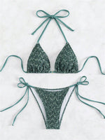 Sexy Green 2 Piece Bikinis Sets Women Halter Metal Stap Push Up Swimsuit 2024 Summer Lace Up Beach Bathing Suit Thong Swimwear