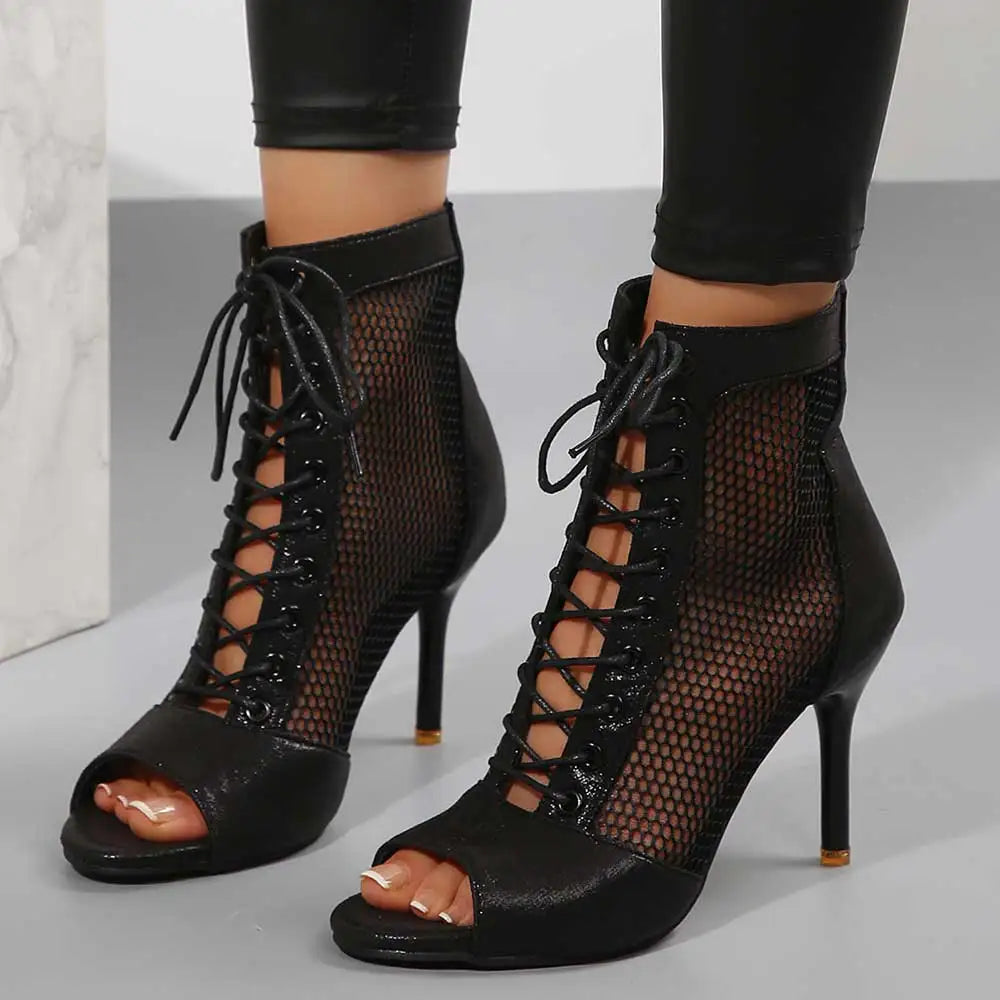 EUR Size 43 Sexy High Heels Dance Shoes Black Lace-up Thin Heeled Stiletto Ankle Boots Silver Peep Toe Summer Boots Party Shoes