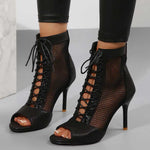 EUR Size 43 Sexy High Heels Dance Shoes Black Lace-up Thin Heeled Stiletto Ankle Boots Silver Peep Toe Summer Boots Party Shoes