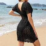 S - XL Short Sleeve V Neck Crochet Knitted Tunic Beach Cover Up Cover-ups Beach Dress Beach Wear Beachwear Female Women V5314