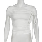Korean Style Solid Color Women's Top Casual Slash neck Crop Top Fahionable Slim Fit White Tee Lady Summer Night Out Dress up