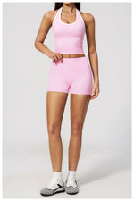 Naked Color Contrast Yoga Sets Women Hanging Neck Sports Vest Gym Clothes Breathable High Waist Shorts Fitness Suits Tracksuit