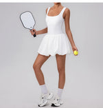 Summer One-piece Tennis Dress Women Fitness Fake Two-piece with Inner Separate Shorts Pockets Sleevesless Sports Pleated Skirt