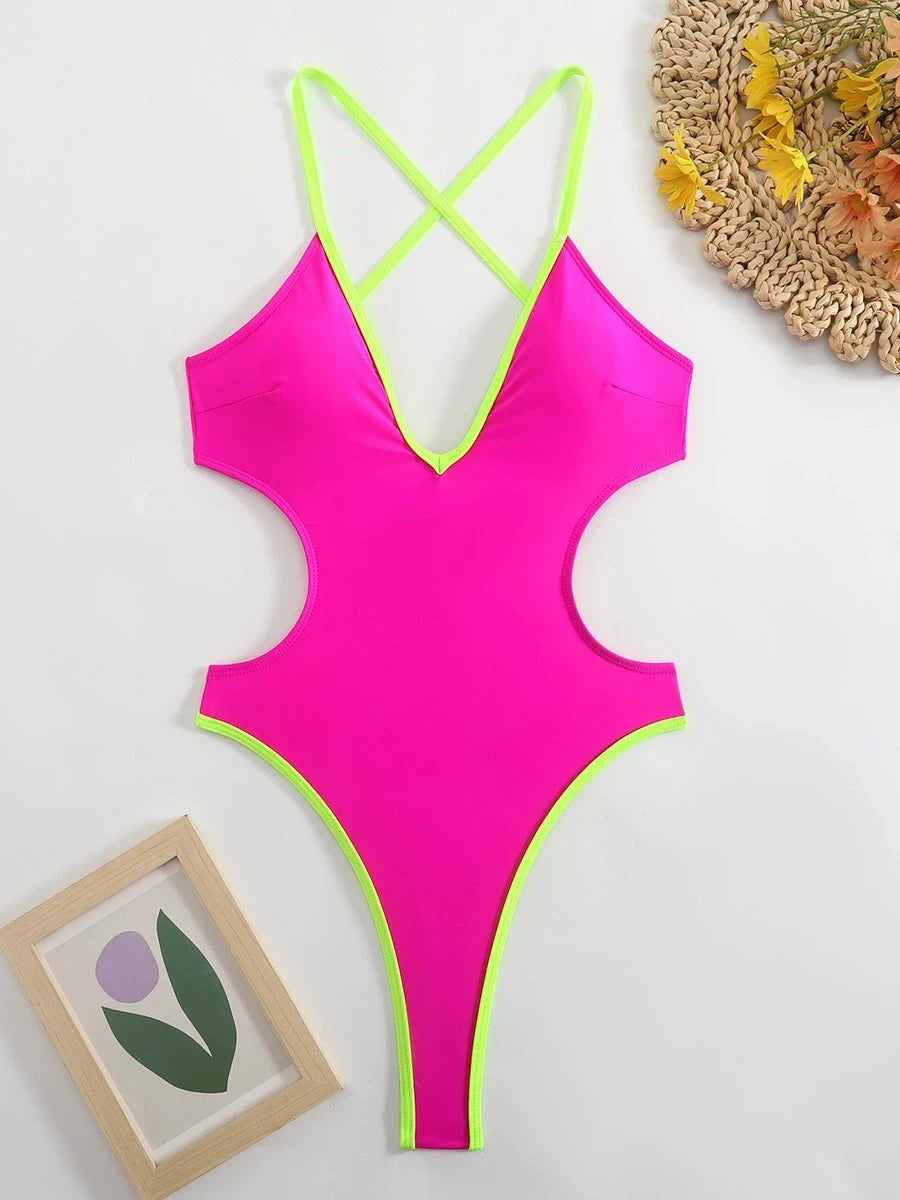 DEKA Sexy Backless Swimwear Deep V Neck Hollow Out One Piece Swimsuit Women Female Monokini High Cut Bather Bathing Suit Swim