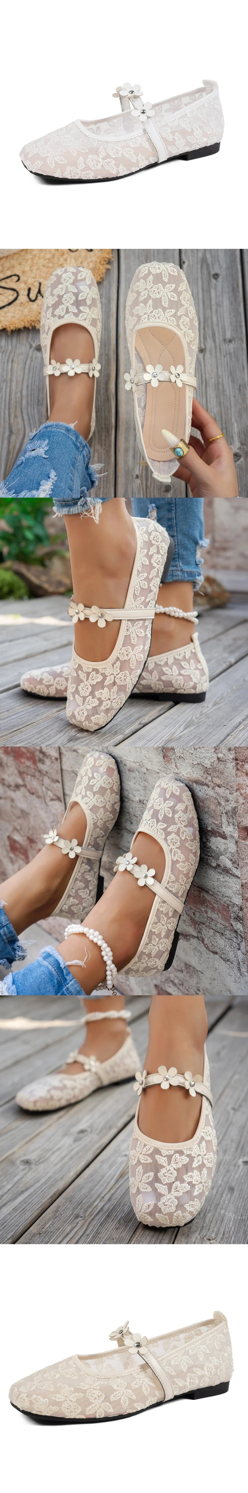 BigSize 43 Breathable White Lace Mary Jane Flats Women Comfy Walk Square Toe Casual Office Lady Ballet Flats Shoes Daily Wear