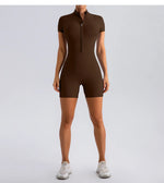 Yoga Jumpsuit Fashion Zipper Dance Short Playsuit Women Romper Short Sleeve Gym Fitness Overalls One Piece Sports Suit Unitard