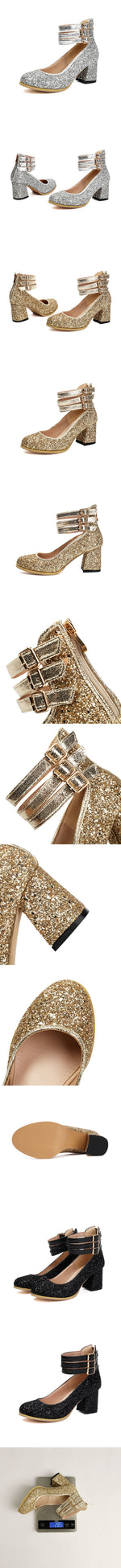 Big Size 48 Bling Sequined Silver Wedding Pumps Elegant Block High Heels Shoes Women Black Gold Glitter Ankle Strap Party Pumps
