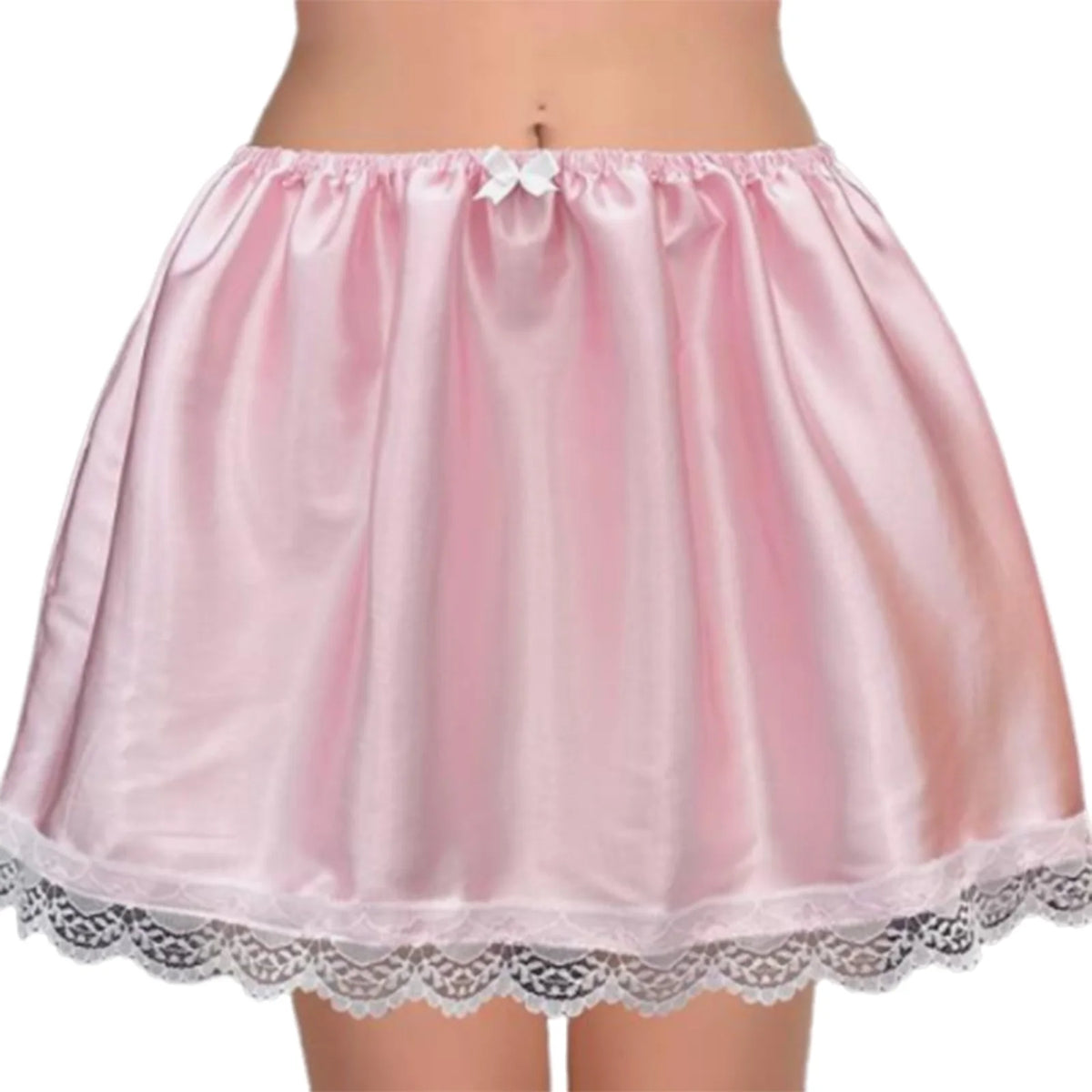 Women Summer Satin A-Line Short Skirt Lace Trim Solid Color Bow Puffy Drape Elastic Waistband Mini Skirts