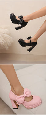Plus Size Women's Bow Mary Janes Platform Chunky Heels Ankle Strap High Heel Pumps Sweet Lolita Party Dress Shoes