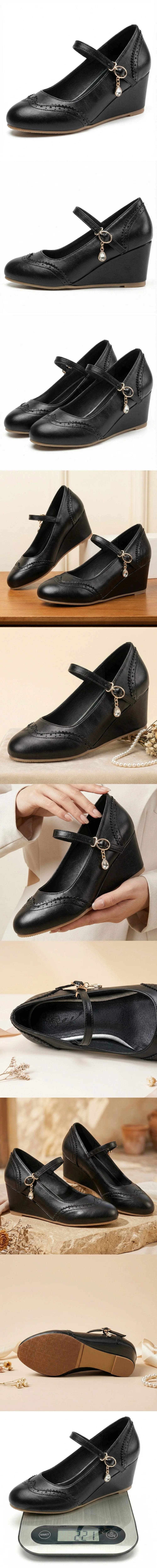 2026 Small Big Size 32-48 Vintage Green 7cm High Heels Wedges Pumps White Red Comfy Walk Summer Mary Janes Brogue Shoes Women