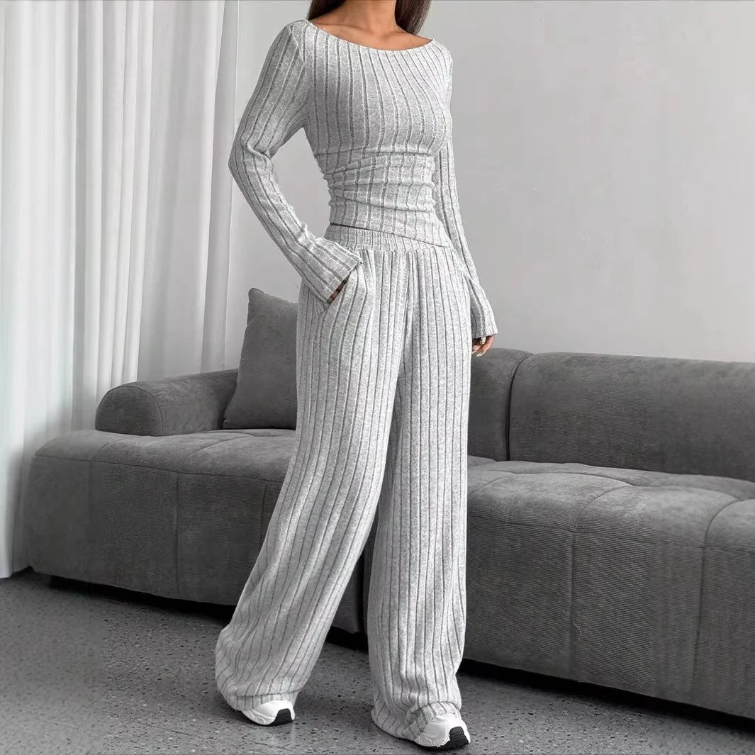 Autumn and Winter New Women's Home Clothes Sleepwear Two-Piece Set Casual Solid Color High Neck Knitted Sweater Loose Pants Y2K