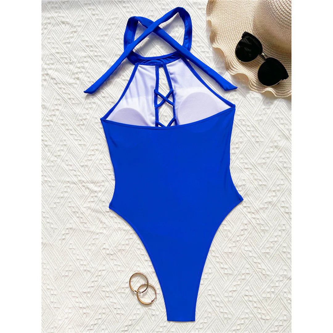 S - XL 7 Colors Lace Up High Neck Full Back Women Swimwear One Piece Swimsuit Female High Leg Cut Bather Bathing Suit Swim V6272