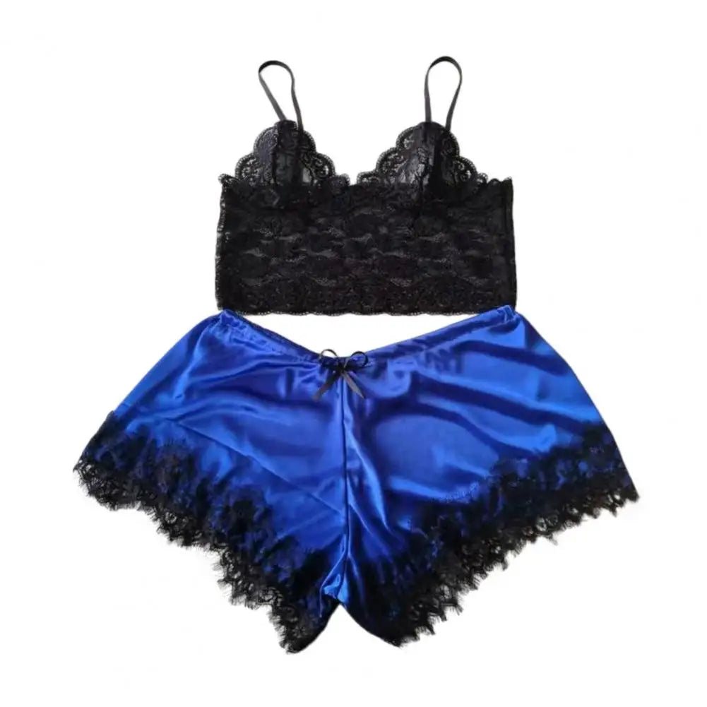 Women Pajama Set Lace Pajama Top Satin Shorts With Black Silk Bow And Lace Trim Sexy Lace Camisole Set Ladies Sleepwear Outfit