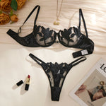 Special anniversary black embroidered lingerie set. Smooth satin mesh sheer bra. Elegant business-wear women's lingerie ZA824031