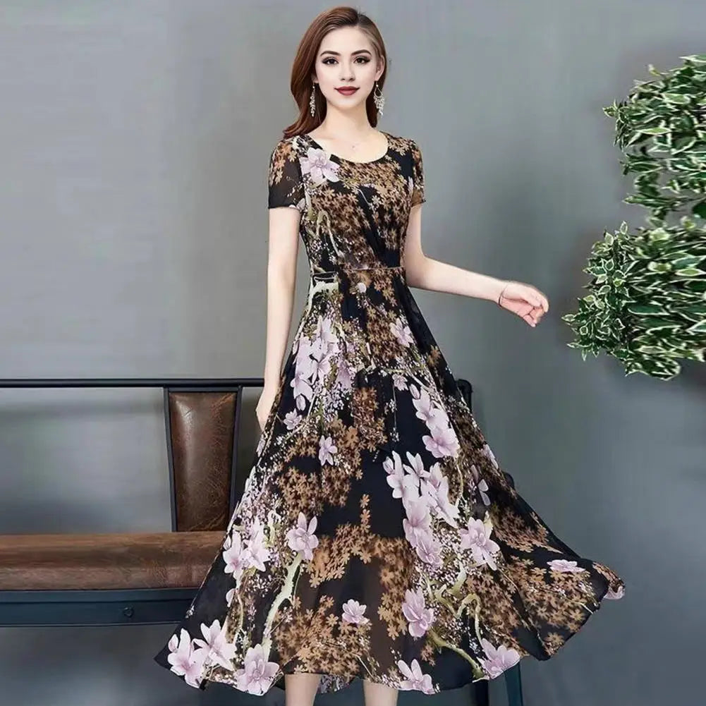 Summer Women Dress Floral Print A-line Big Hem High Waist Short Sleeves Round Neck Pleated Mid-calf Length Party Commute Dress