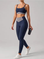 Summer Color-block Yoga Sets Women Thin Strap Open Back Shockproof Sports Bra Tight High Waist Leggings Training Fitness Suits