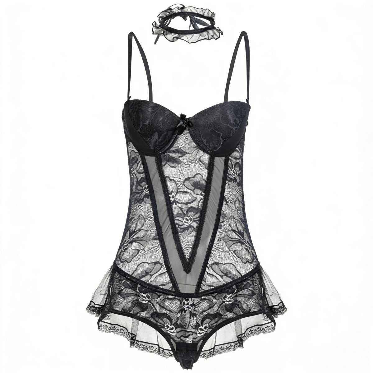 Women's Floral Lace Babydoll Lingerie Set Sheer Mesh Chemise Nightwear with Choker Adjustable Straps Soft Fabric Nightwear