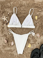 Bikini Set 2025 White Triangle Swimwear Ribbed Pearl Strap Push Up Mini Micro Swimsuit Beach Bathing Suit Thong Swimming Outfit