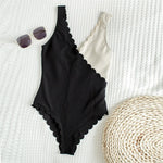 New Sexy Scalloped Splicing High Cut One Piece Swimsuit Women Swimwear Female Ribbed Bather Bathing Suit Swim Lady V2425